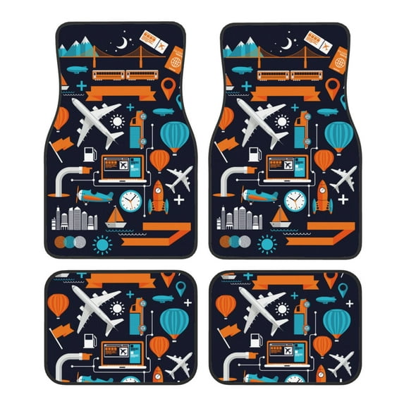 Daiia Creative Transport Printed Car Floor Mats Set of 4, Durable Non Slip Auto Floor Carpet, Car Interior Carpets Proof Foot Pads Anti-Slip Cushion Automoetive Accessories
