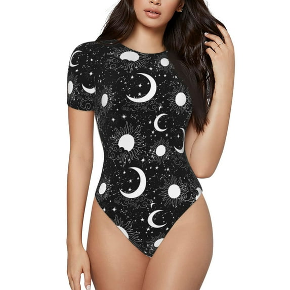 Daiia Crescent and Stars print Women's Crew Neck Short Sleeve Bodysuit Fashion Tops Fit Casual Basic Extender Bodysuit-Large