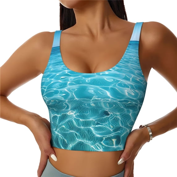 Daiia Crystal Clear Ocean Waves Printed Women's Sports Bra, Breathable Activewear Bra with U-Back Design and Removable Pads, Comfortable and Supportive for Yoga, Workout-Medium