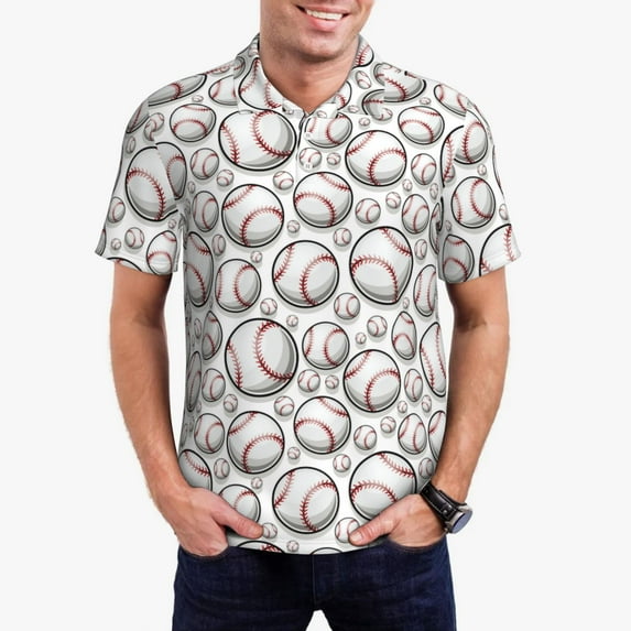 Daiia Cute Baseball Pattern Men’s Polo Shirts,Solid Deck Shirt,Classic Fit, Breathable Cotton Polo for Casual and Sport Wear-Small