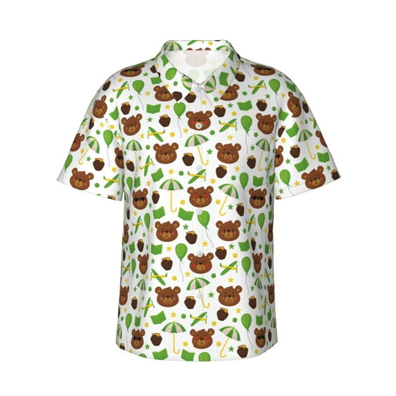 Daiia Cute Bear Hawaiian Shirt for Men Gentle Cotton Regular Short Sleeve Casual-Small