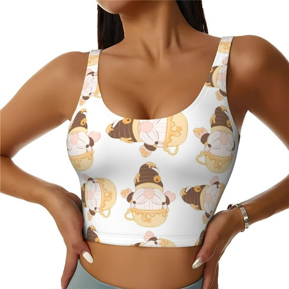 Daiia Cute Bee Gnome Printed Women's Sports Bra, Breathable Activewear Bra with U-Back Design and Removable Pads, Comfortable and Supportive for Yoga, Workout-Medium