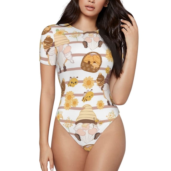 Daiia Cute Bee Gnome2 print Women's Crew Neck Short Sleeve Bodysuit Fashion Tops Fit Casual Basic Extender Bodysuit-X-Large