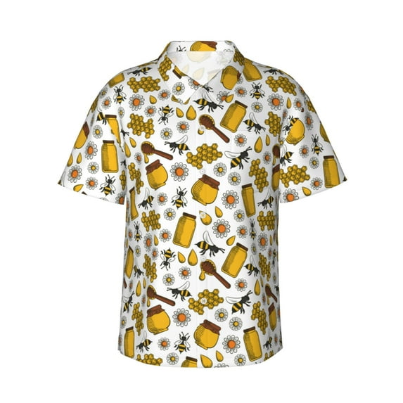 Daiia Cute Bee Hawaiian Shirt for Men Gentle Cotton Regular Short Sleeve Casual-Medium
