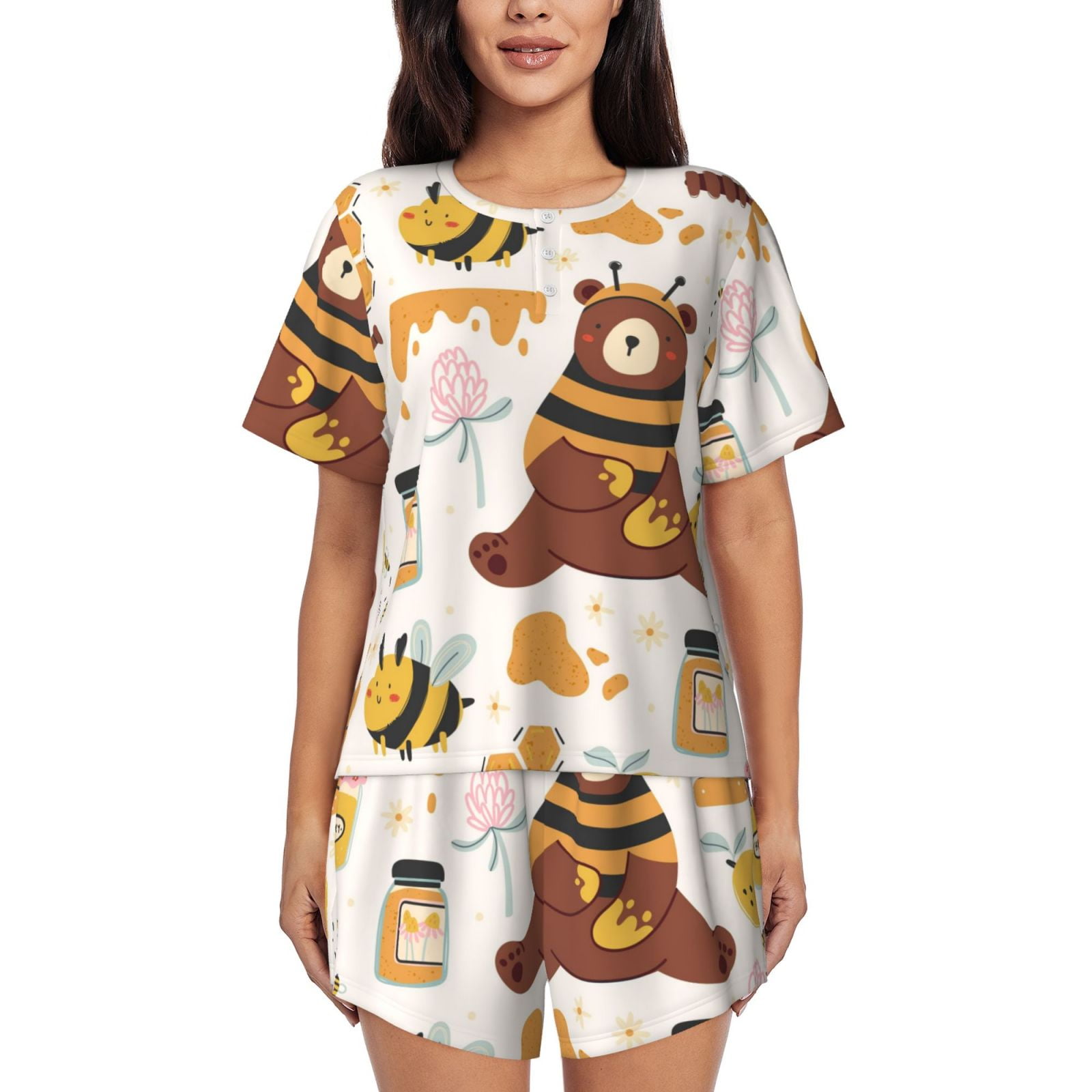 Daiia Cute Bee Honey Jar Hive Bear Pattern Womens Pajama Sets Short ...