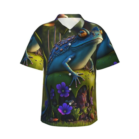 Daiia Cute Blue Frog Hawaiian Shirt for Men Gentle Cotton Regular Short Sleeve Casual-Small