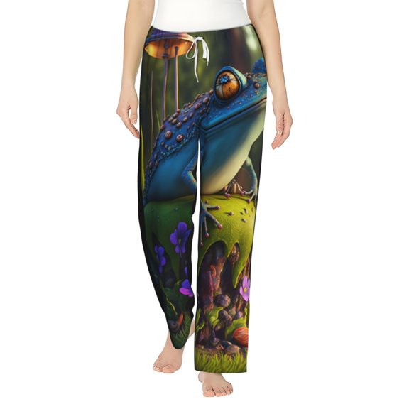 Daiia Cute Blue Frog Women's Sleep Pant with Pockets and Drawstring,Pajama Pants-Large