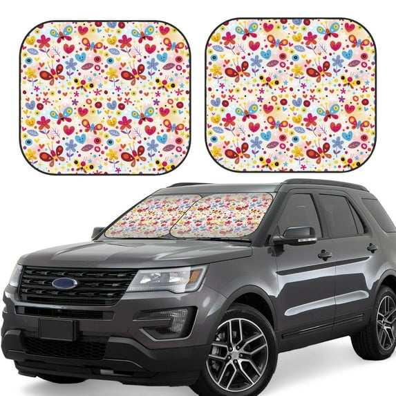 Daiia Cute Butterfly Flowers 2PCS Car Windshield Sun Shade, Foldable Sun Shield for Car Front Window, Auto Sun Blocker Visor Protector Universal for Truck SUV Pickup-Large