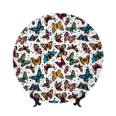 Daiia Cute Butterfly Printed Pattern Ceramic Plate Dinner Plates Bone China Decorative Plates with Display Stand Art Ceramic Ornaments for Wall Hanging Decoration-6in