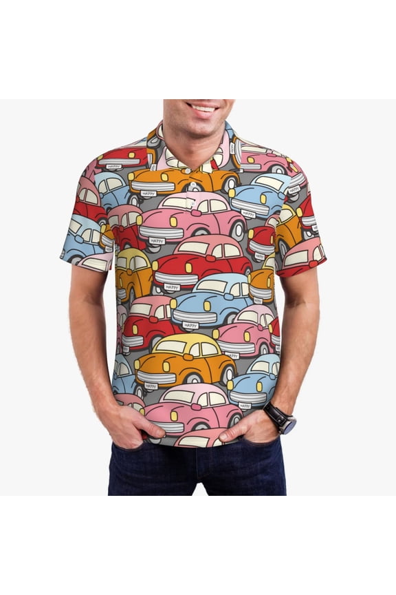 Cute Cars Pattern Men’s Polo Shirts,Solid Deck Shirt,Classic Fit, Breathable Cotton Polo for Casual and Sport Wear-Small