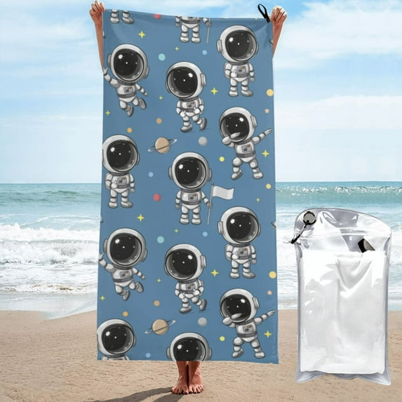 Daiia Cute Cartoon Astronaut Pattern Quick Dry Towel, Super Absorbent Travel Towel with Hanging Loop & Carabiner, Lightweight Compact Fast-Drying Microfiber Towel-31.5"x63"