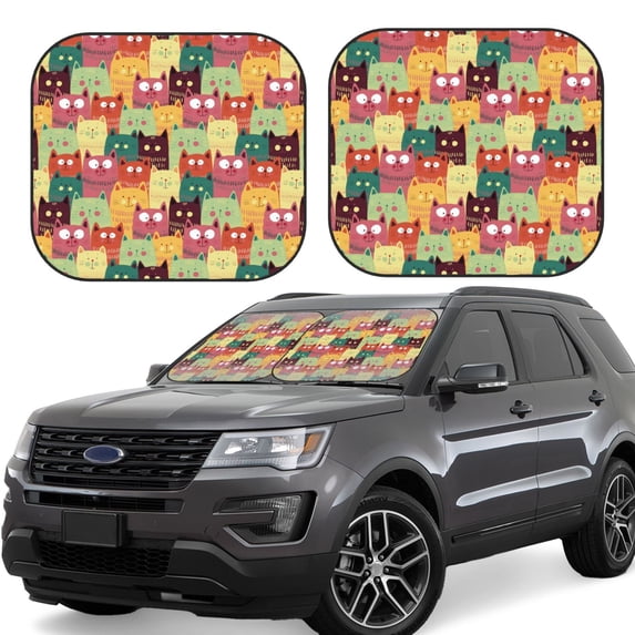Daiia Cute Cartoon Cat 2PCS Car Windshield Sun Shade, Foldable Sun Shield for Car Front Window, Auto Sun Blocker Visor Protector Universal for Truck SUV Pickup-Small