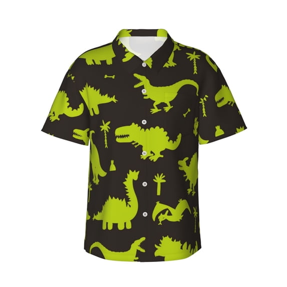 Daiia Cute Cartoon Dinosaurs Hawaiian Shirt for Men Gentle Cotton Regular Short Sleeve Casual-Large