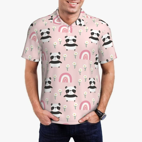 Daiia Cute Cartoon Panda Pattern Men’s Polo Shirts,Solid Deck Shirt,Classic Fit, Breathable Cotton Polo for Casual and Sport Wear-3X-Large