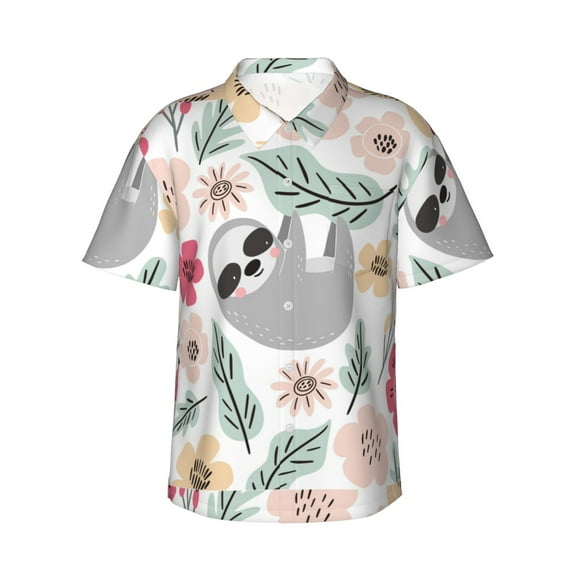 Daiia Cute Cartoon Sloth Hawaiian Shirt for Men Gentle Cotton Regular Short Sleeve Casual-3X-Large