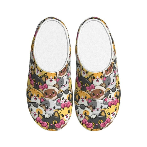 Daiia Cute Cat Cartoon Print Women’s Fuzzy Slippers Memory Foam Lightweight House Shoes Cozy Loafer Flannel House Shoes-46/47
