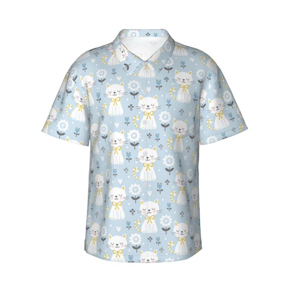 Daiia Cute Cat Hawaiian Shirt for Men Gentle Cotton Regular Short Sleeve Casual-XX-Large