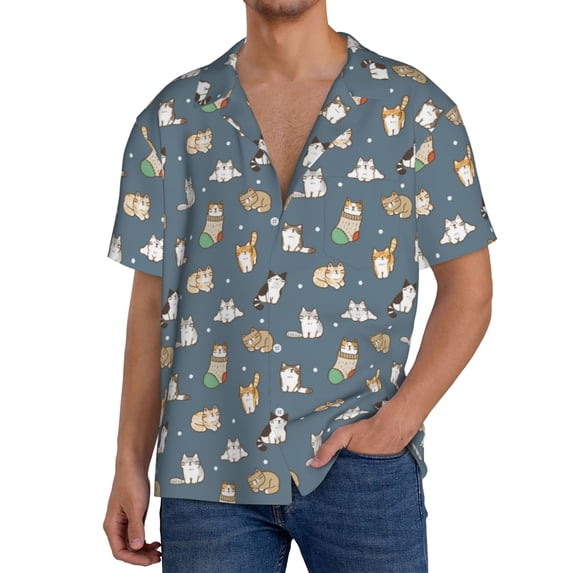 Daiia Cute Cats And Dogs Men's Linen Shirts Short Sleeve Casual Shirts Button Down Shirt for Men Beach Summer Wedding Shirt-X-Large