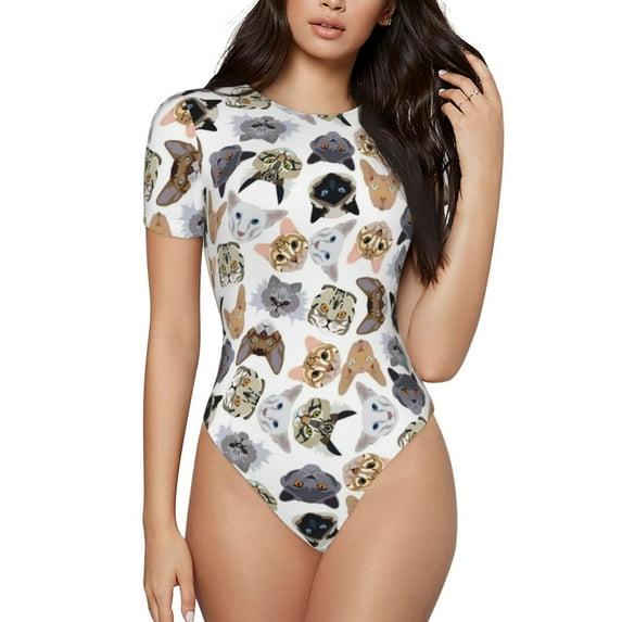 Daiia Cute Cats print Women's Crew Neck Short Sleeve Bodysuit Fashion Tops Fit Casual Basic Extender Bodysuit-Large