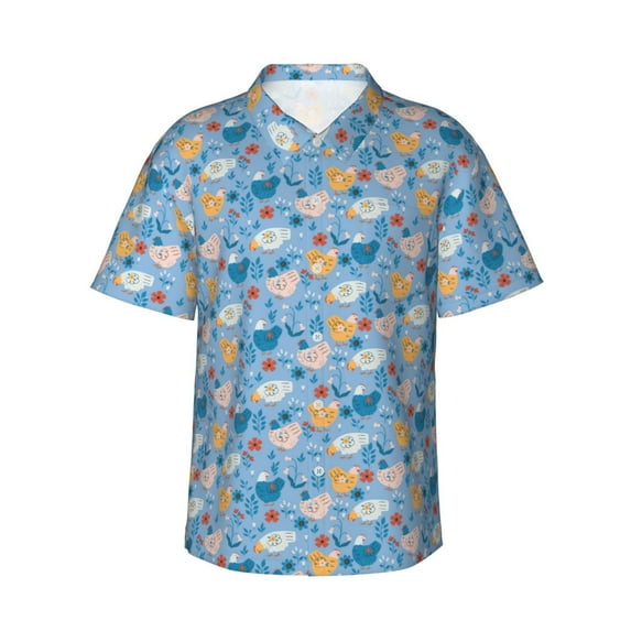 Daiia Cute Chickens and Flowers Hawaiian Shirt for Men Gentle Cotton Regular Short Sleeve Casual-XX-Large