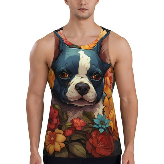 Daiia Cute Colorful Flower French Bulldog Printed Men's Quick Dry Fit Muscle Tank Top Slim-Fit Tank Workout Tank Top Lightweight Sports Tank Top-Large