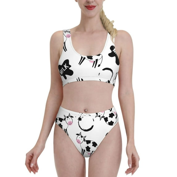 Daiia Cute Cow and Milk Stains printed 2 piece Swimsuit Bikinis for Women High Waisted Racerback Bathing Suits Summer Tummy Control Scoop Neck Swimwear-Large