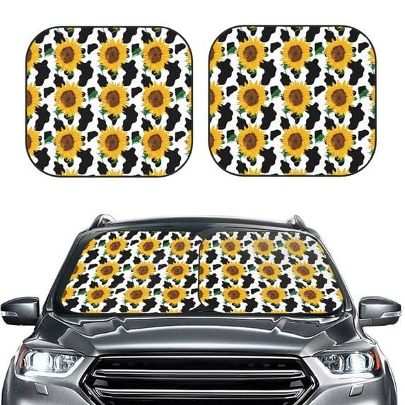 Daiia Cute Cow Print Sunflower B 2PCS Car Windshield Sun Shade, Foldable Sun Shield for Car Front Window, Auto Sun Blocker Visor Protector Universal for Truck SUV Pickup-Small