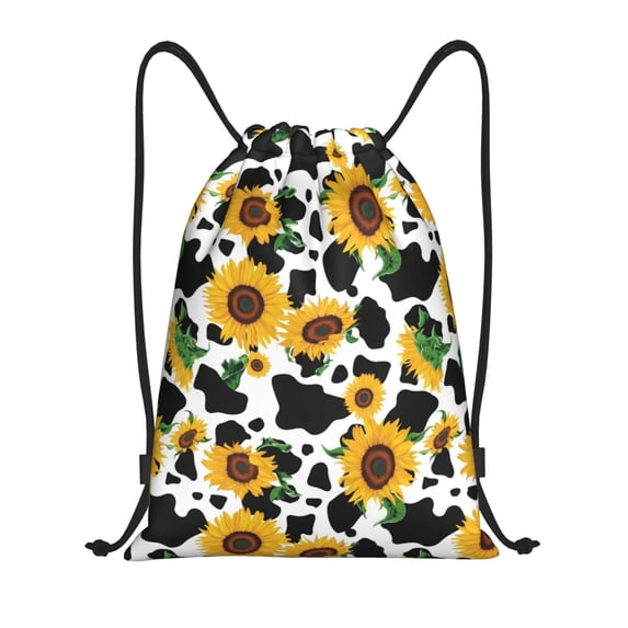 Daiia Cute Cow Print Sunflower D Pattern Drawstring Backpack, Gym Bag, Lightweight Backpack, Water-Resistant Bag Travel Sports Backpack, Fitness Bag, Yoga Bag-Small