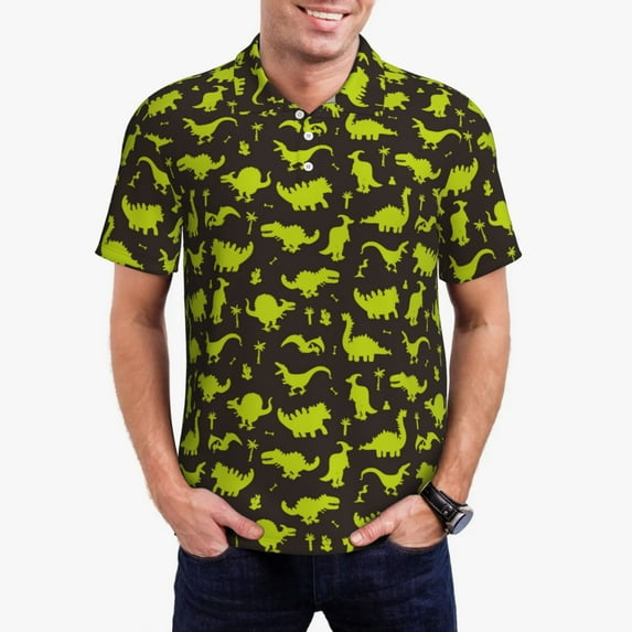 Daiia Cute Dinosaurs (2) Pattern Men’s Polo Shirts,Solid Deck Shirt,Classic Fit, Breathable Cotton Polo for Casual and Sport Wear-