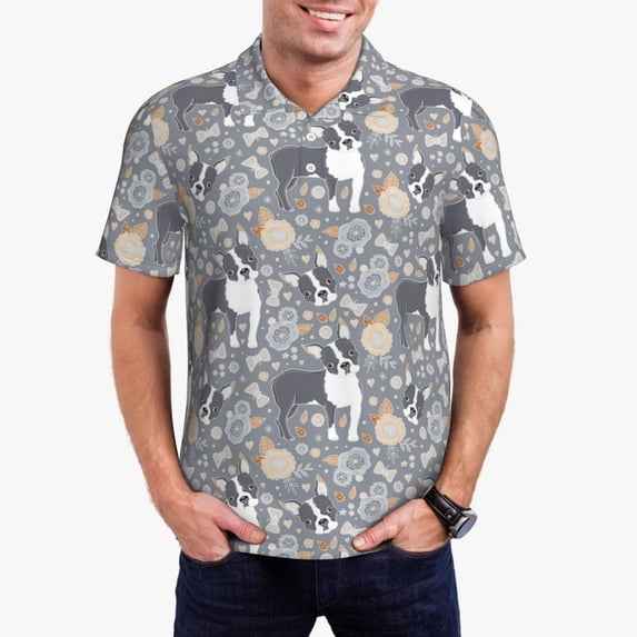 Daiia Cute Dog And Flowers Pattern Men’s Polo Shirts,Solid Deck Shirt,Classic Fit, Breathable Cotton Polo for Casual and Sport Wear-XX-Large