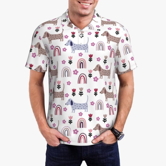 Daiia Cute Dog Pattern Men’s Polo Shirts,Solid Deck Shirt,Classic Fit, Breathable Cotton Polo for Casual and Sport Wear-XX-Large