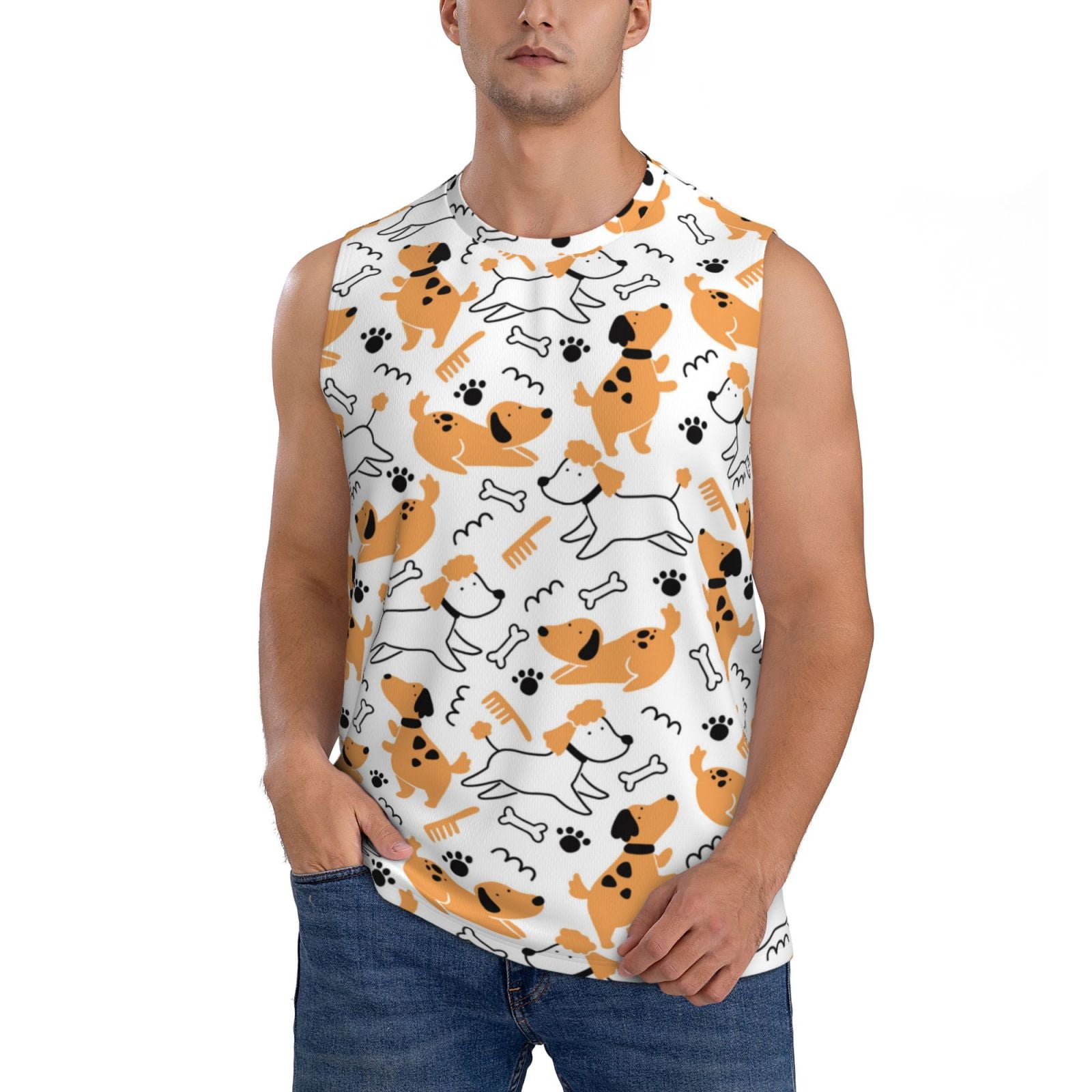 Daiia Cute Dog Printed Men's Tank Tops,Casual Soft Sleeveless Gym