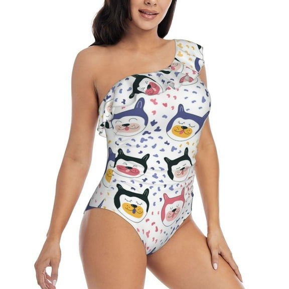 Daiia Cute Dog Women's One Piece Swimsuits Personalized One Shoulder Swimwear Asymmetric Ruffle Bathing Suits-Small