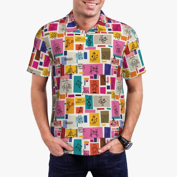 Daiia Cute Doodles Pattern Men’s Polo Shirts,Solid Deck Shirt,Classic Fit, Breathable Cotton Polo for Casual and Sport Wear-XX-Large