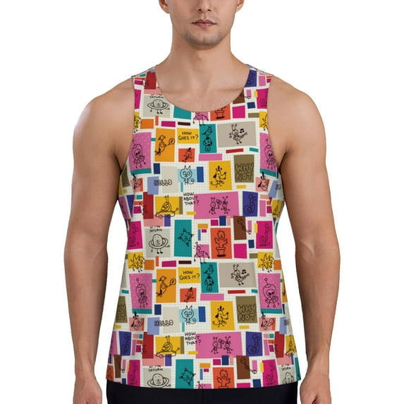 Daiia Cute Doodles Printed Men's Quick Dry Fit Muscle Tank Top Slim-Fit Tank Workout Tank Top Lightweight Sports Tank Top-Medium