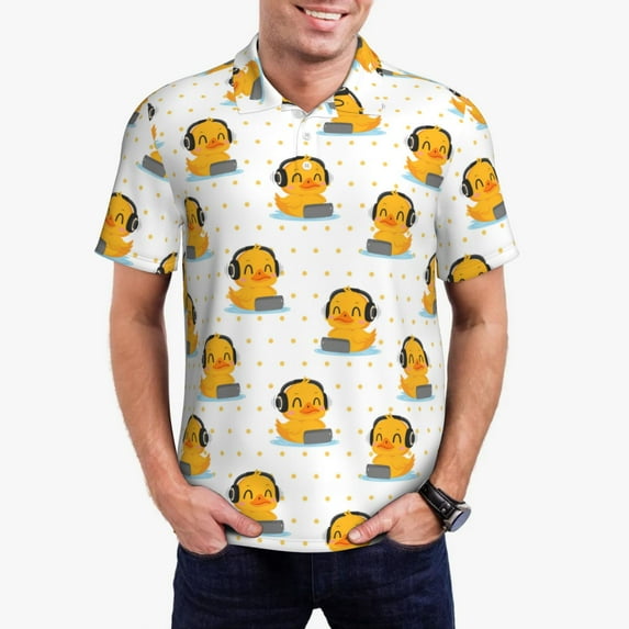 Daiia Cute Duck With Headphone Pattern Men’s Polo Shirts,Solid Deck Shirt,Classic Fit, Breathable Cotton Polo for Casual and Sport Wear-Large