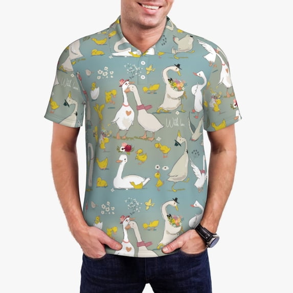 Daiia Cute Farm Birds Pattern Men’s Polo Shirts,Solid Deck Shirt,Classic Fit, Breathable Cotton Polo for Casual and Sport Wear-