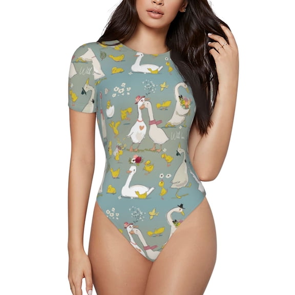 Daiia Cute Farm Birds Women'S Crew Neck Short Sleeve Slim Fit T Shirts Tops Basic Bodysuit Leotard Clothing-Large