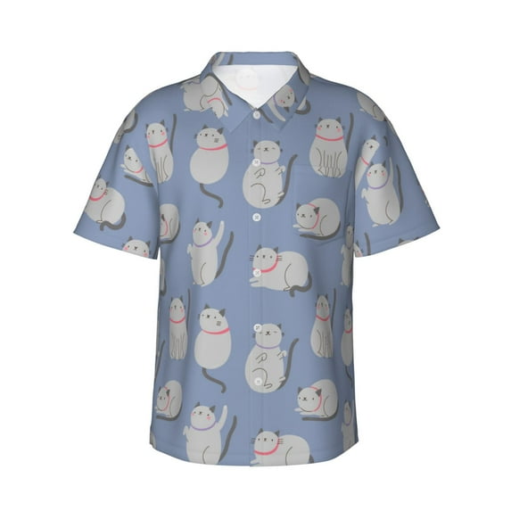Daiia Cute Fat Cat Hawaiian Shirt for Men Gentle Cotton Regular Short Sleeve Casual-Large