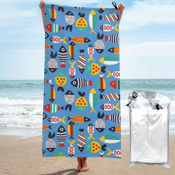Daiia Cute Flat Fish Pattern Quick Dry Towel, Super Absorbent Travel Towel with Hanging Loop & Carabiner, Lightweight Compact Fast-Drying Microfiber Towel-