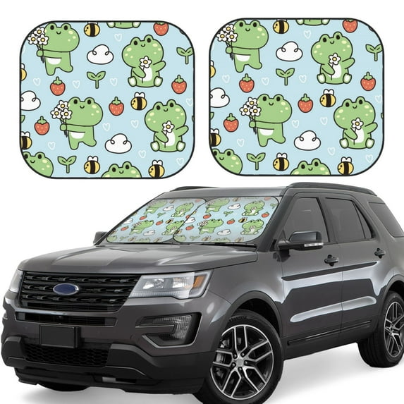 Daiia Cute Floral Frog 2PCS Car Windshield Sun Shade, Foldable Sun Shield for Car Front Window, Auto Sun Blocker Visor Protector Universal for Truck SUV Pickup-Large