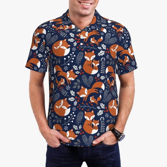 Daiia Cute Foxes Pattern Men’s Polo Shirts,Solid Deck Shirt,Classic Fit, Breathable Cotton Polo for Casual and Sport Wear-Small