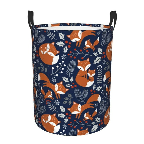 Daiia Cute Foxes Round Laundry Basket with Handles Thickened Waterproof Circular hamper,Dirty Clothes Storage Basket for Bedroom,Bathroom,College Dorm-Small