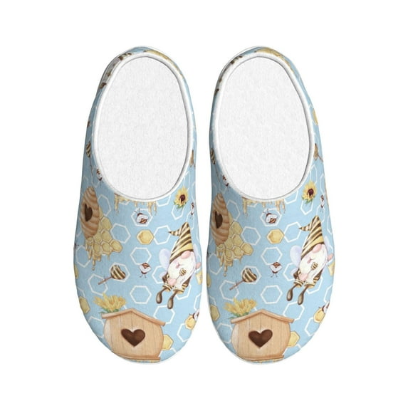 Daiia Cute Gnome Bee Collects Honey Print Women’s Fuzzy Slippers Memory Foam Lightweight House Shoes Cozy Loafer Flannel House Shoes-42/43