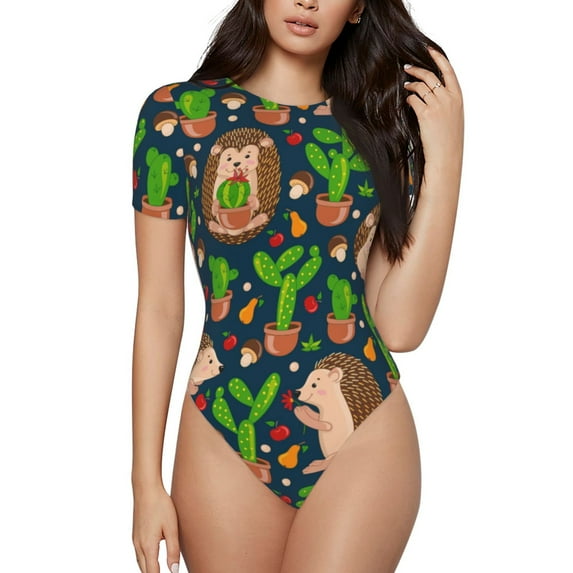 Daiia Cute Hedgehogs Cactus Blue Women'S Crew Neck Short Sleeve Slim Fit T Shirts Tops Basic Bodysuit Leotard Clothing-Small
