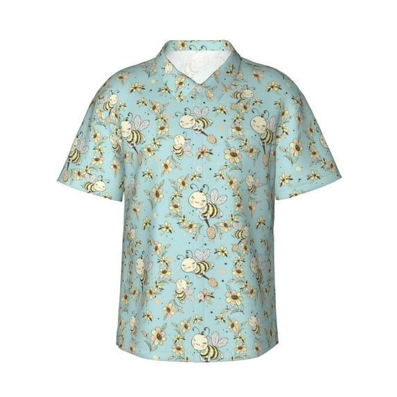 Daiia Cute Honeybees Hawaiian Shirt for Men Gentle Cotton Regular Short Sleeve Casual-Medium
