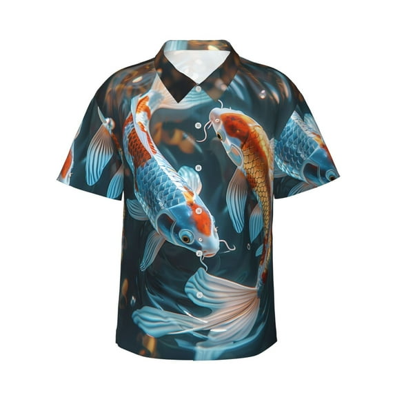 Daiia Cute Koi Fish Serenity Hawaiian Shirt for Men Gentle Cotton Regular Short Sleeve Casual-Small