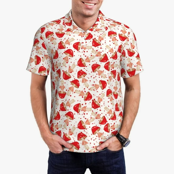 Daiia Cute Mushroom Pattern Men’s Polo Shirts,Solid Deck Shirt,Classic Fit, Breathable Cotton Polo for Casual and Sport Wear-Small