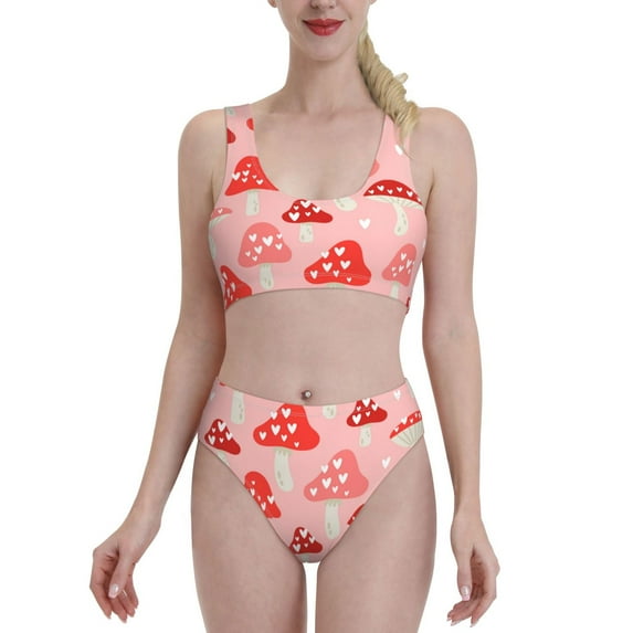 Daiia Cute Mushroom1 printed 2 piece Swimsuit Bikinis for Women High Waisted Racerback Bathing Suits Summer Tummy Control Scoop Neck Swimwear-XX-Large