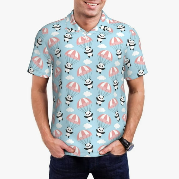 Daiia Cute Panda Flying in the Sky Pattern Men’s Polo Shirts,Solid Deck Shirt,Classic Fit, Breathable Cotton Polo for Casual and Sport Wear-X-Large